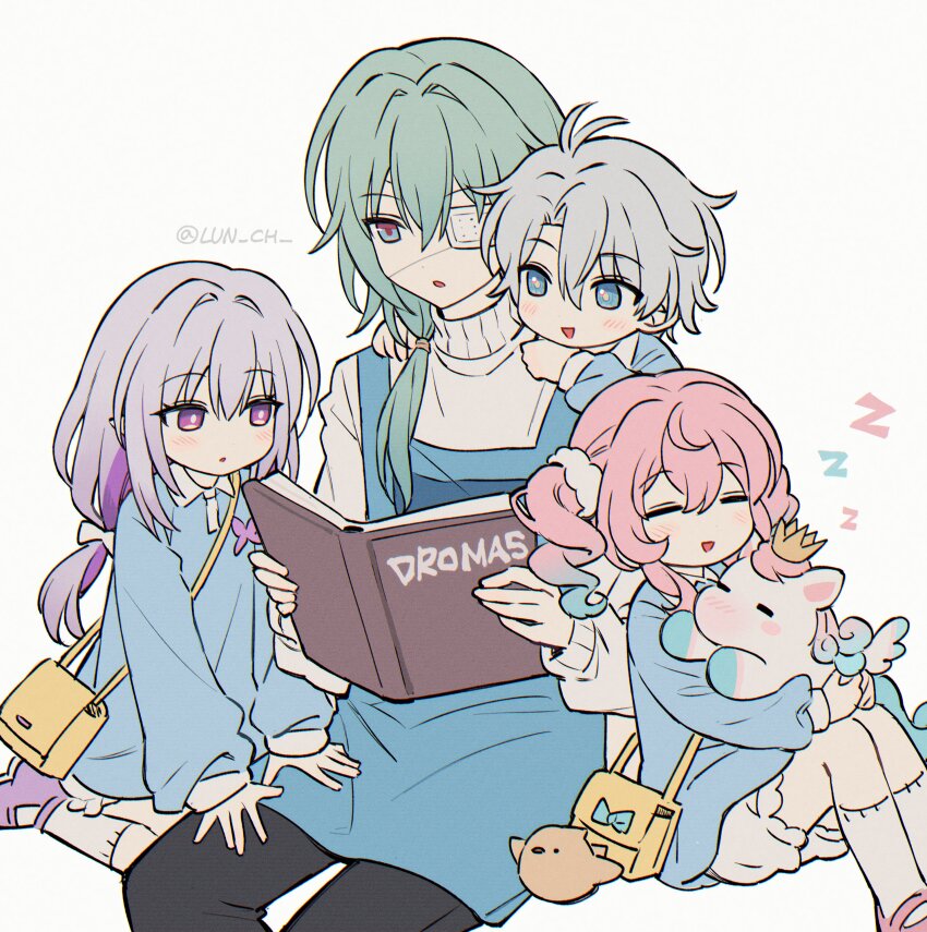 2boys, 2girls, absurdres, aged_down, alternate_costume, anaxa_(honkai:_star_rail), animal_ears, antenna_hair