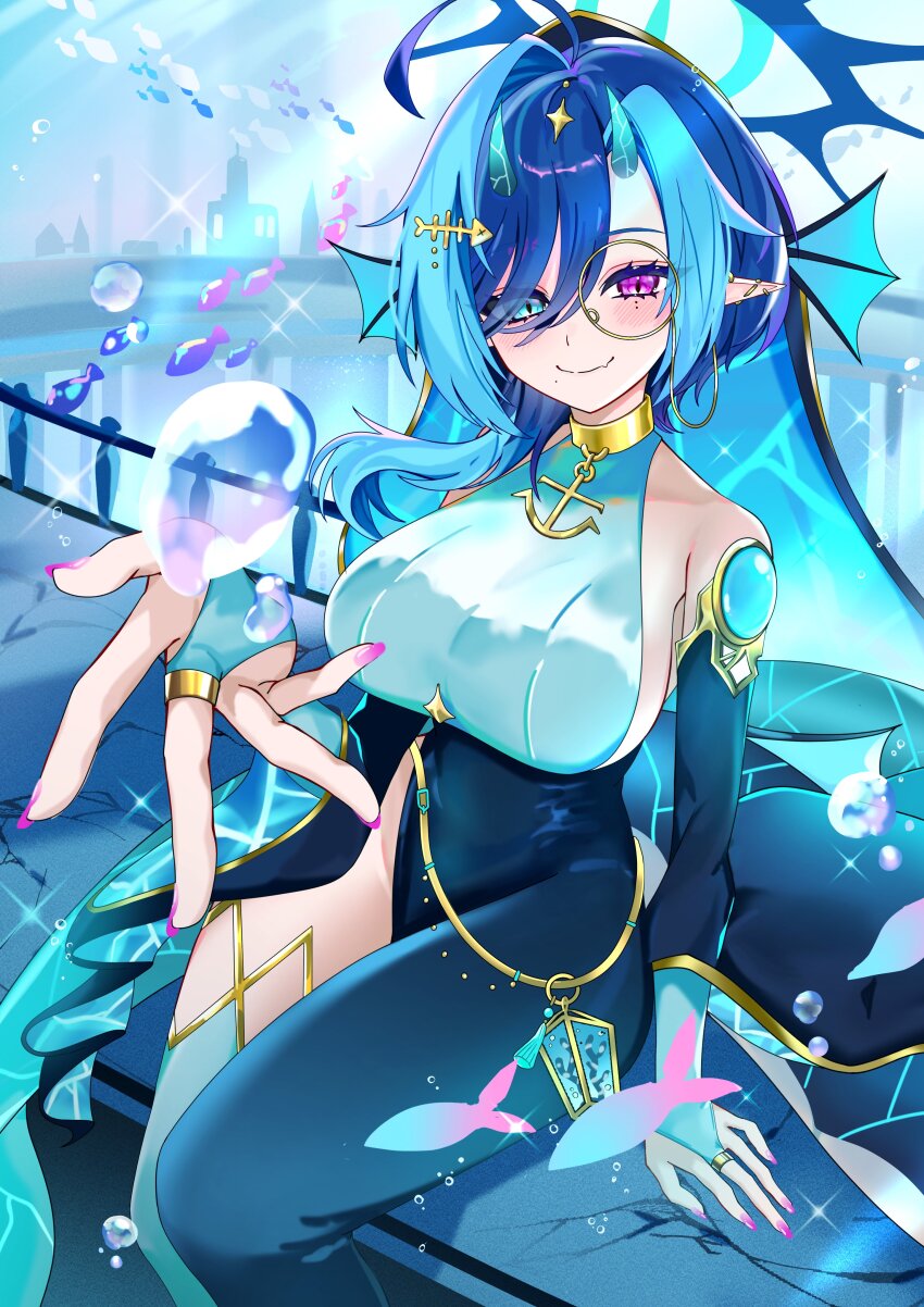 1girl, absurdres, ahoge, anchor_symbol, asymmetrical_clothes, black_pants, black_veil, blue_bridal_gauntlets