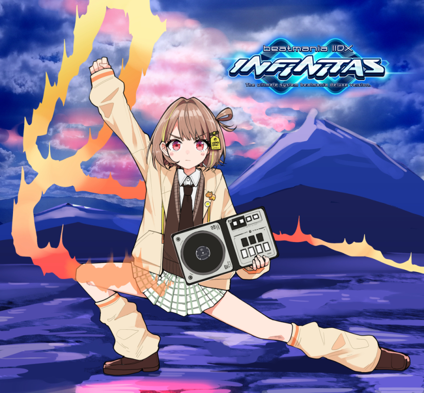 1girl, album_cover_redraw, arm_up, beatmania_iidx, beatmania_iidx_infinitas, bemani, black_necktie, blush