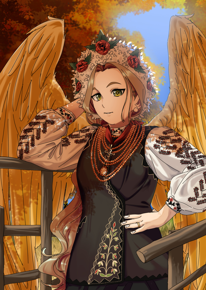 1girl, angel_wings, autumn, blonde_hair, blue_sky, bridge, cross, cross_necklace