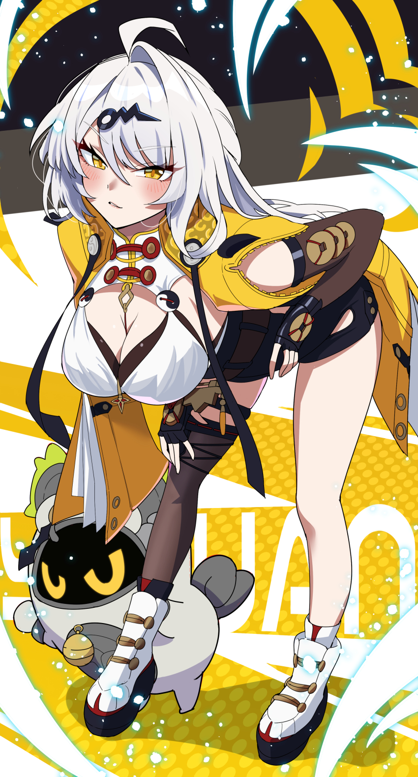 1girl, absurdres, ahoge, bangboo_(zenless_zone_zero), belion_(zenless_zone_zero), black_gloves, black_shorts, black_thighhighs