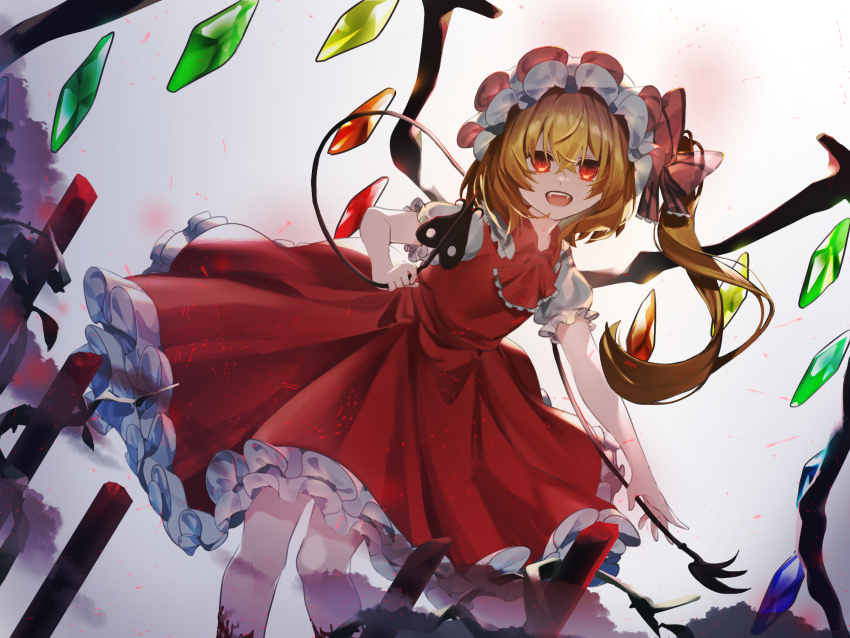 1girl, ascot, blonde_hair, crystal, crystal_wings, flandre_scarlet, frilled_shirt_collar, frilled_skirt