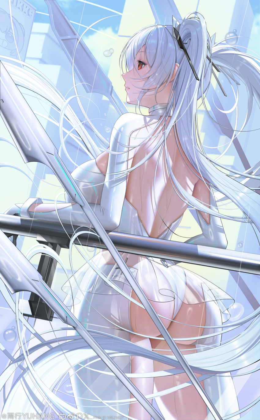 1girl, artist_name, ass, backless_bodysuit, bilibili_logo, bodysuit, breasts, bubble