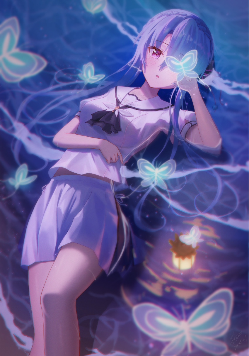 1girl, absurdres, arm_under_breasts, ascot, black_ascot, black_bow, blue_butterfly, blue_hair