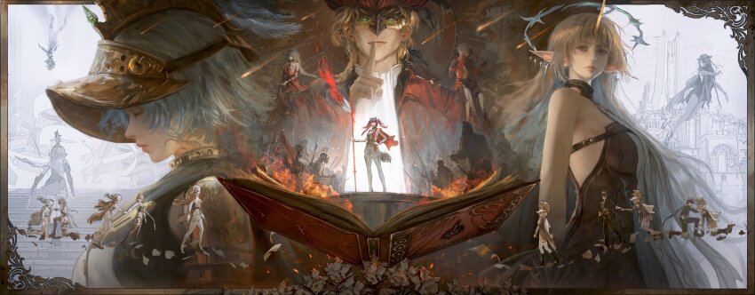 3boys, 6+girls, absurdres, armor, bare_shoulders, black_dress, blonde_hair, blue_hair