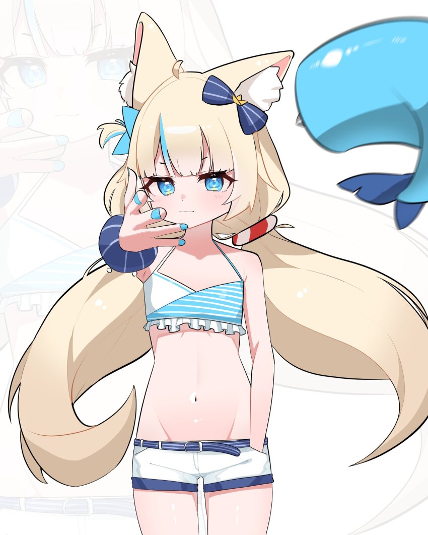 1girl, animal_ear_fluff, animal_ears, anvel, belt, bikini, blonde_hair, blue_bow, blue_eyes, blue_nails, blush, bow, closed_mouth, collarbone, fingernails, fins, fish_tail, flat_chest, fox_ears, frilled_bikini, frills, groin, hair_bow, hand_in_pocket, highres, hip_focus, indie_virtual_youtuber, ksso0o0, long_hair, looking_at_viewer, low_twintails, meme, navel, petite, sameko_saba, scrunchie, shark_tail, short_shorts, shorts, simple_background, smile, standing, stomach, swimsuit, tail, twintails, virtual_youtuber, white_background, woe_plague_be_upon_ye_(meme), wrist_scrunchie