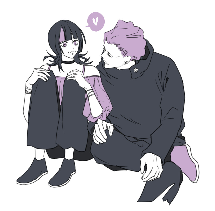 2boys, androgynous, black_hair, black_jacket, blunt_bangs, bracelet, cheek_piercing, dahlia_(piercing)