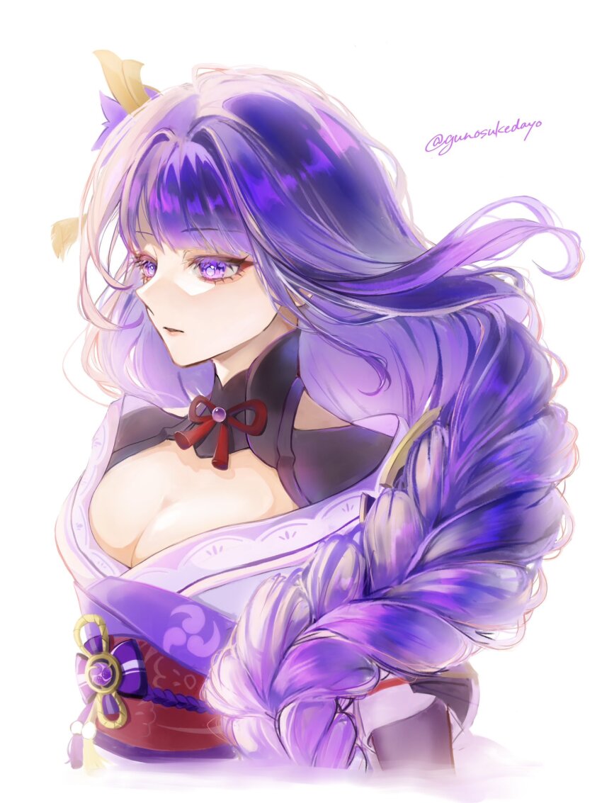 1girl, braid, braided_ponytail, breasts, cleavage, commentary, cropped_torso, genshin_impact