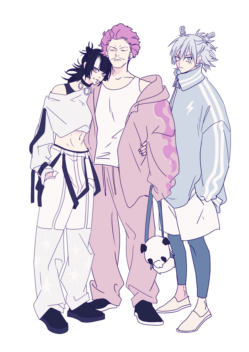 3boys, androgynous, black_hair, black_shoes, blue_hair, blue_track_suit, bra_strap, cheek_piercing