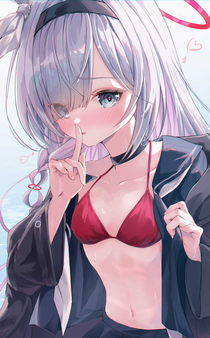 1girl, absurdres, black_choker, black_hairband, black_jacket, black_shirt, black_skirt, blue_archive