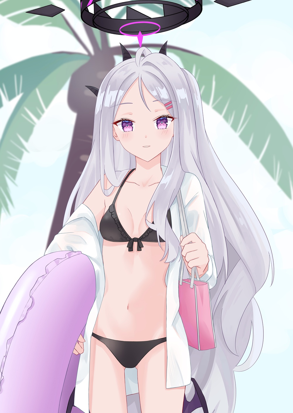 1girl, ahoge, akaya_(pixiv20545353), bag, bikini, bikini_under_clothes, black_bikini, black_halo