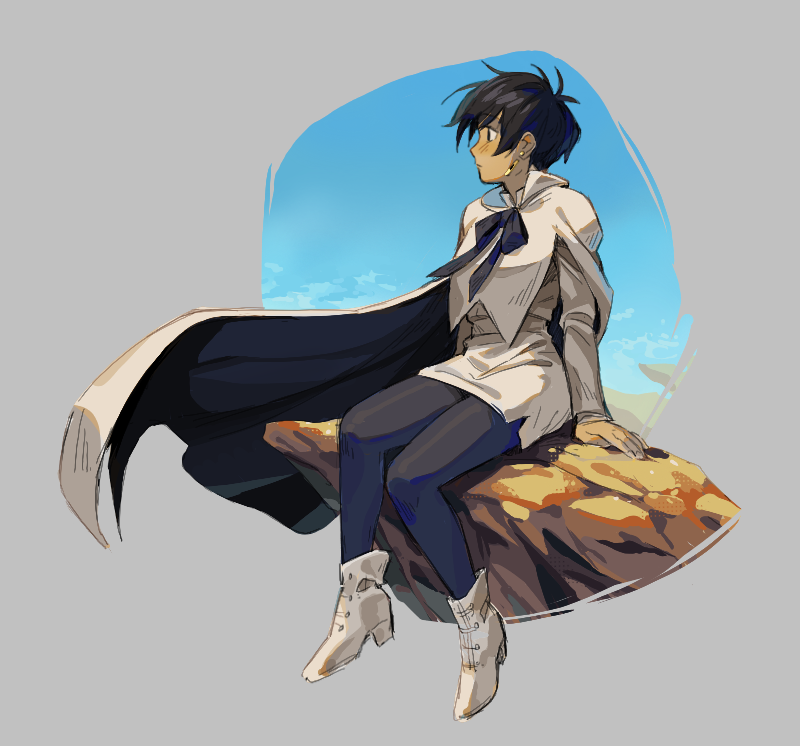 1girl, black_hair, blue_pantyhose, cape, earrings, high_heels, jewelry, lemoneto