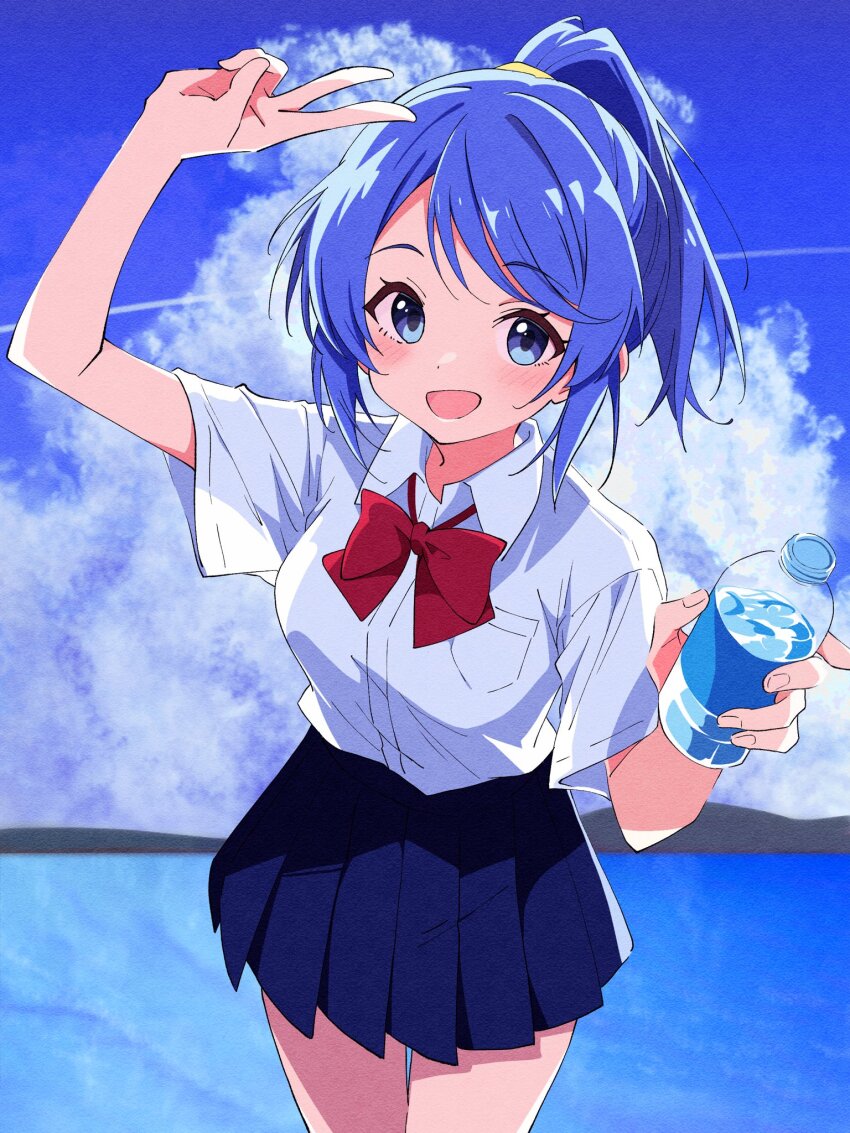 1girl, :d, arm_up, blue_eyes, blue_hair, blue_skirt, blue_sky, blush, bottle, cloud, collared_shirt, cowboy_shot, day, highres, holding, holding_bottle, jikkyou_powerful_pro_yakyuu, kamiki_yui, looking_at_viewer, niyane, open_mouth, outdoors, pleated_skirt, ponytail, power_pro-kun_pocket_4, power_pro-kun_pocket, school_uniform, shirt, short_hair, short_sleeves, skirt, sky, smile, solo, v, water_bottle, white_shirt, wing_collar