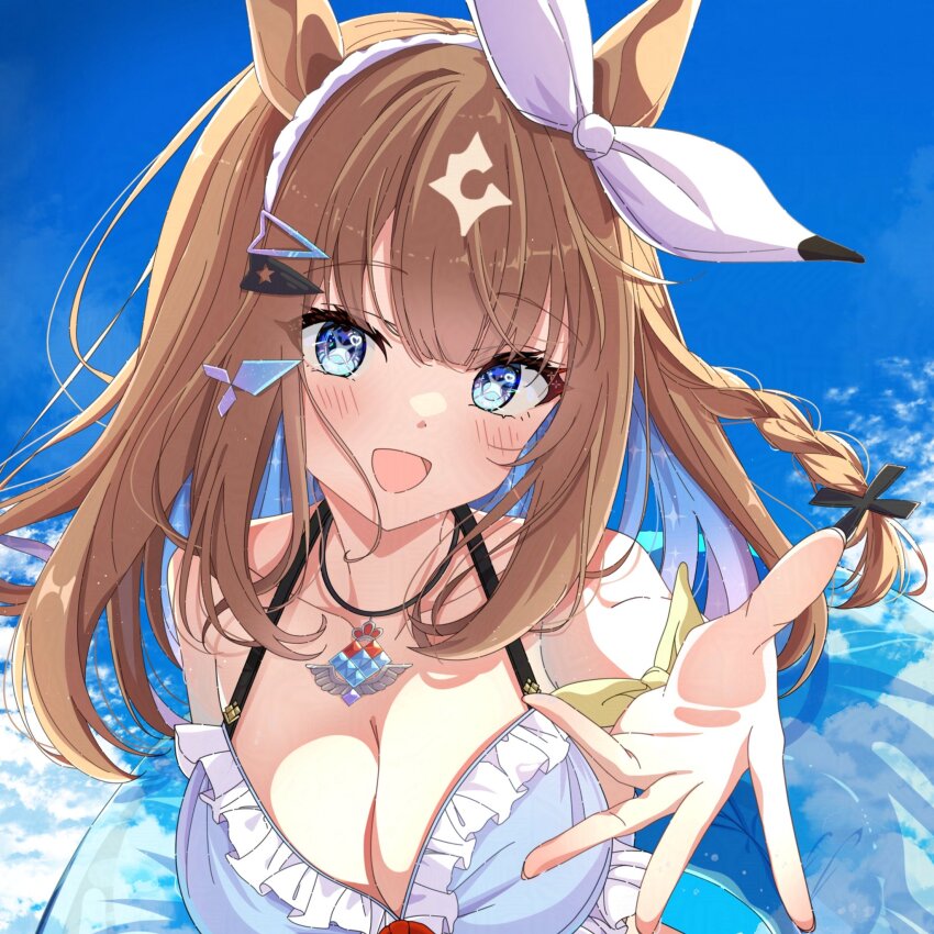 1girl, :d, almond_eye_(umamusume), bikini, blue_bikini, blue_eyes, blue_hair, blue_sky, blush, breasts, brown_hair, cleavage, cloud, colored_inner_hair, commentary, curled_fingers, day, frilled_bikini, frills, hairband, halterneck, heart, heart_in_eye, highres, holding, holding_swim_ring, innertube, juri-arima, large_breasts, long_hair, looking_at_viewer, multicolored_hair, offering_hand, open_mouth, outstretched_arm, purple_hair, sky, smile, solo, star-shaped_pupils, star_(symbol), swim_ring, swimsuit, symbol-shaped_pupils, symbol_in_eye, transparent_innertube, umamusume, unfinished, upper_body, white_hairband