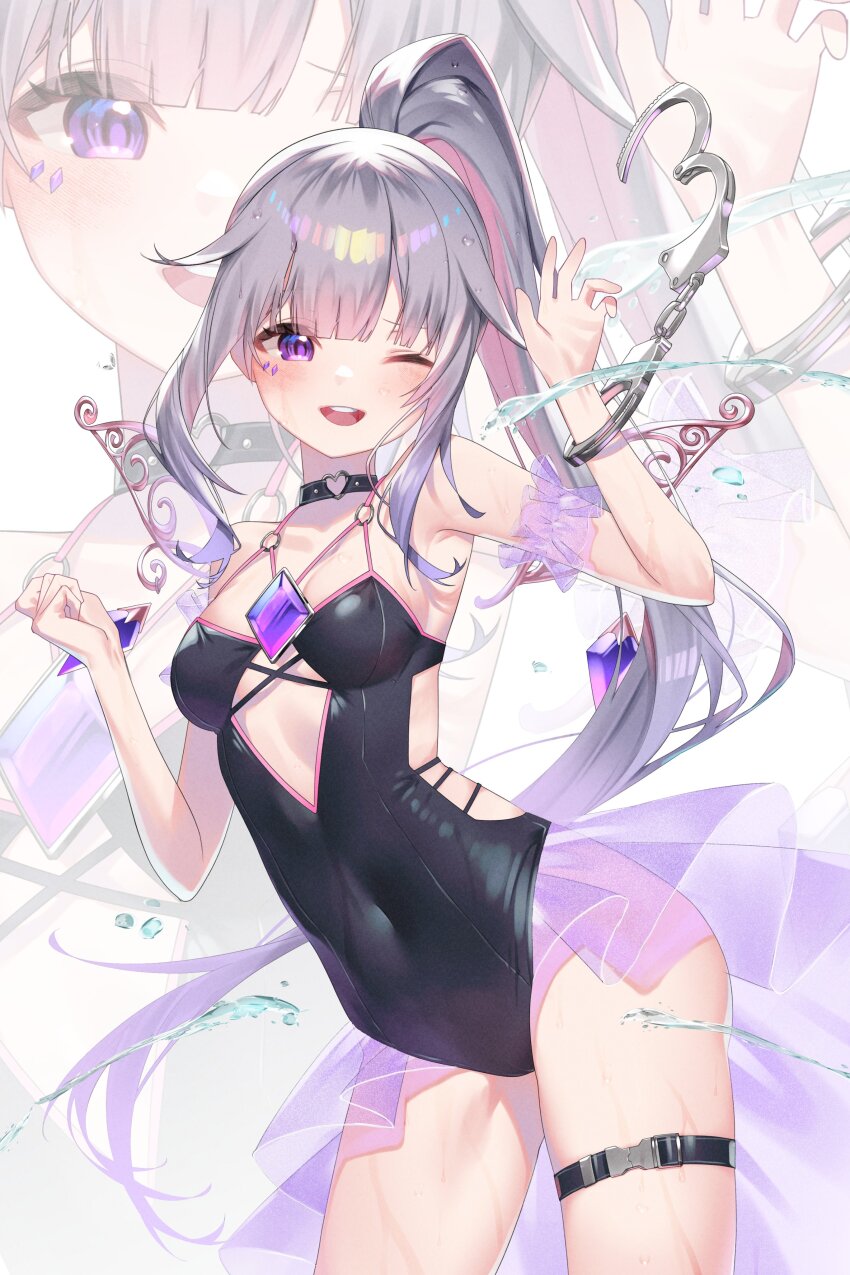 1girl, :d, absurdres, arm_scrunchie, armpits, bikini, black_bikini, black_one-piece_swimsuit