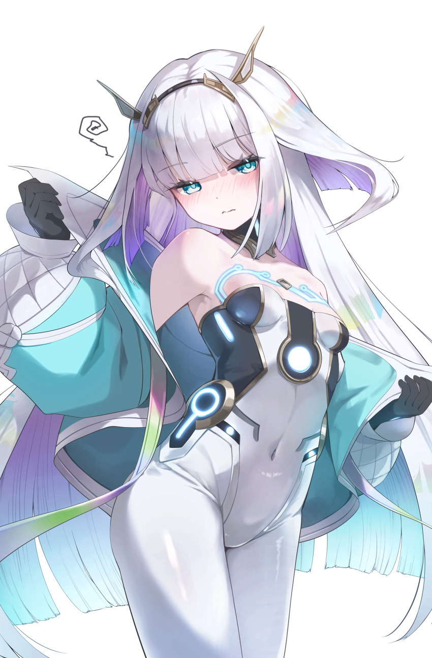 1girl, absurdres, bare_shoulders, blue_eyes, blue_jacket, blunt_bangs, blush, bodysuit