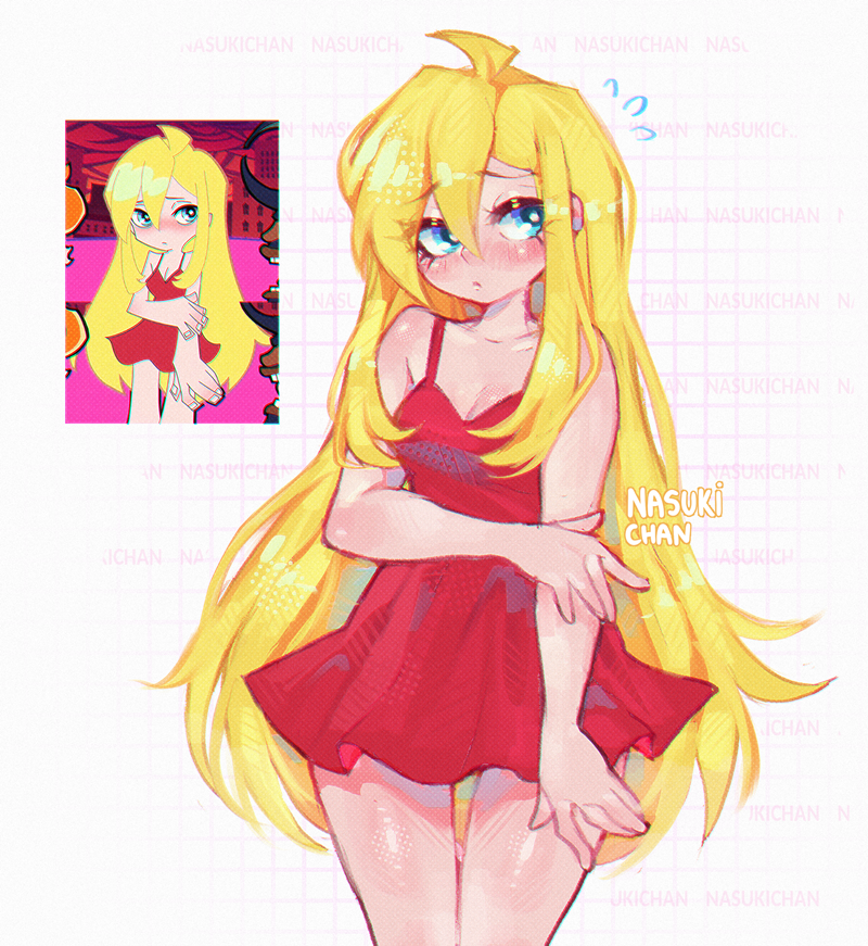 1girl, bare_shoulders, blonde_hair, breasts, cleavage, cowboy_shot, dress, game_screenshot_inset