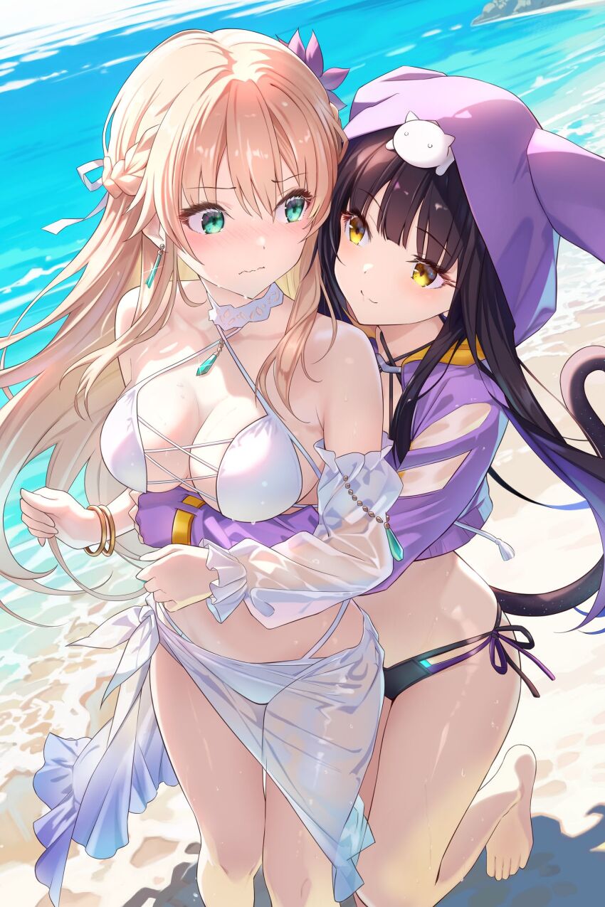 2girls, animal, animal_on_head, asakura_karen_(heaven_burns_red), asakura_karen_(summertide_shark_the_ripper)_(heaven_burns_red), bikini, black_hair, blonde_hair