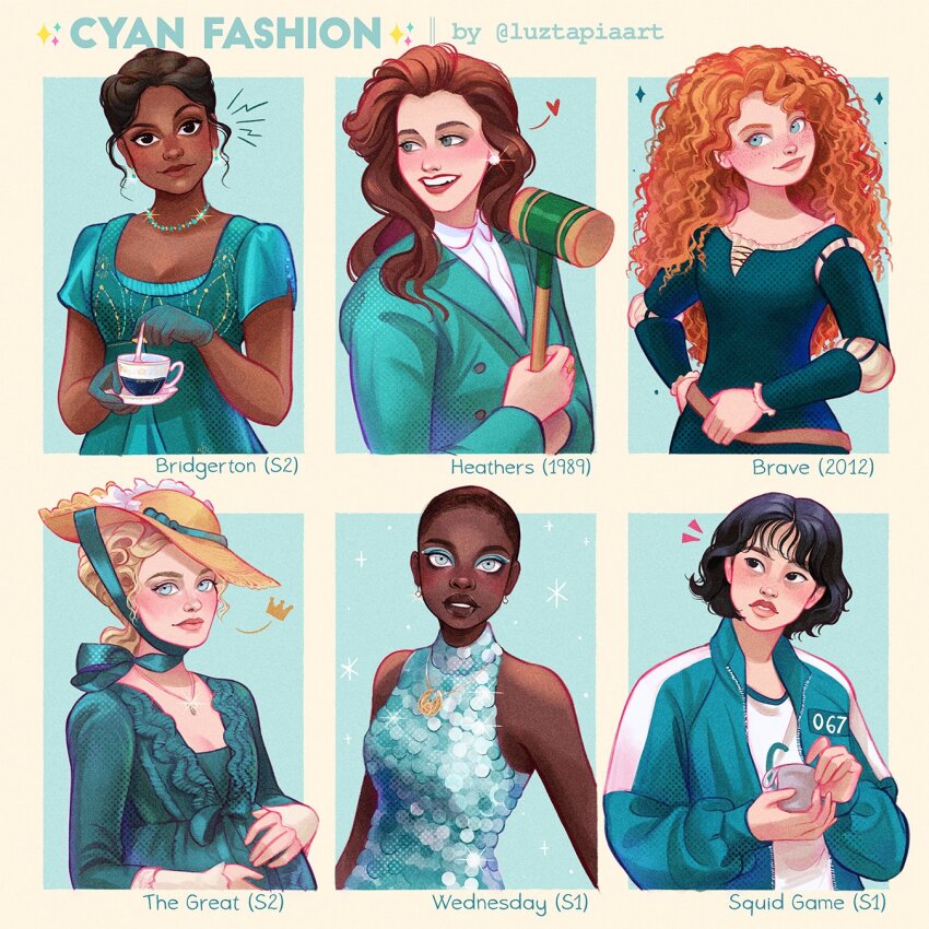 6+girls, aqua_coat, aqua_dress, aqua_eyeshadow, aqua_gloves, aqua_suit, aqua_theme, bianca_barclay, black_hair, blonde_hair, brave_(pixar), breasts, bridgerton, brown_hair, cleavage, coat, commentary, copyright_name, curly_hair, dark-skinned_female, dark_skin, dress, east_asian, empress_catherine_ii, english_commentary, eyeshadow, fashion, formal_clothes, gloves, green_track_suit, hat, heather_duke, heathers, heathers_(1989), highres, holding, jewelry, kang_sae-byeok, kate_sharma, long_hair, long_sleeves, luztapiaart, makeup, merida_(brave), multiple_girls, necklace, orange_hair, pregnant, ribbon, sequins, short_hair, smile, squid_game, suit, sun_hat, the_addams_family, the_great_(series), track_suit, very_dark_skin, very_short_hair, wavy_hair, wednesday_(netflix)