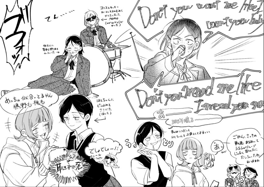 +++, 4girls, :d, apt._(rose_&amp;_bruno_mars), bass_drum, blazer, blunt_bangs, cellphone