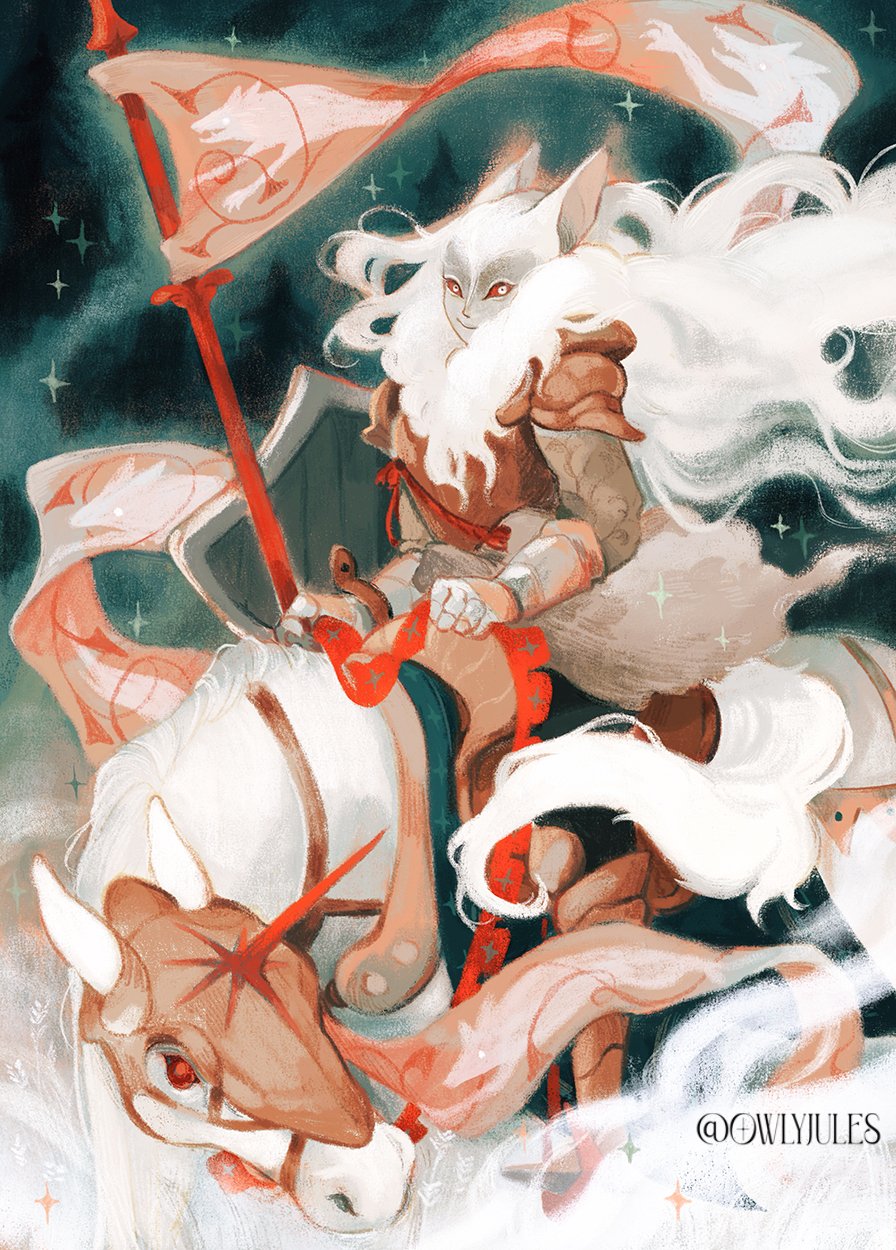 1boy, animal, armor, artist_name, barding, boots, cloud, fantasy