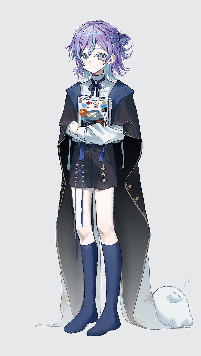 1boy, aged_down, black_cape, black_shorts, blue_bow, blue_bowtie, blue_hair, blue_socks