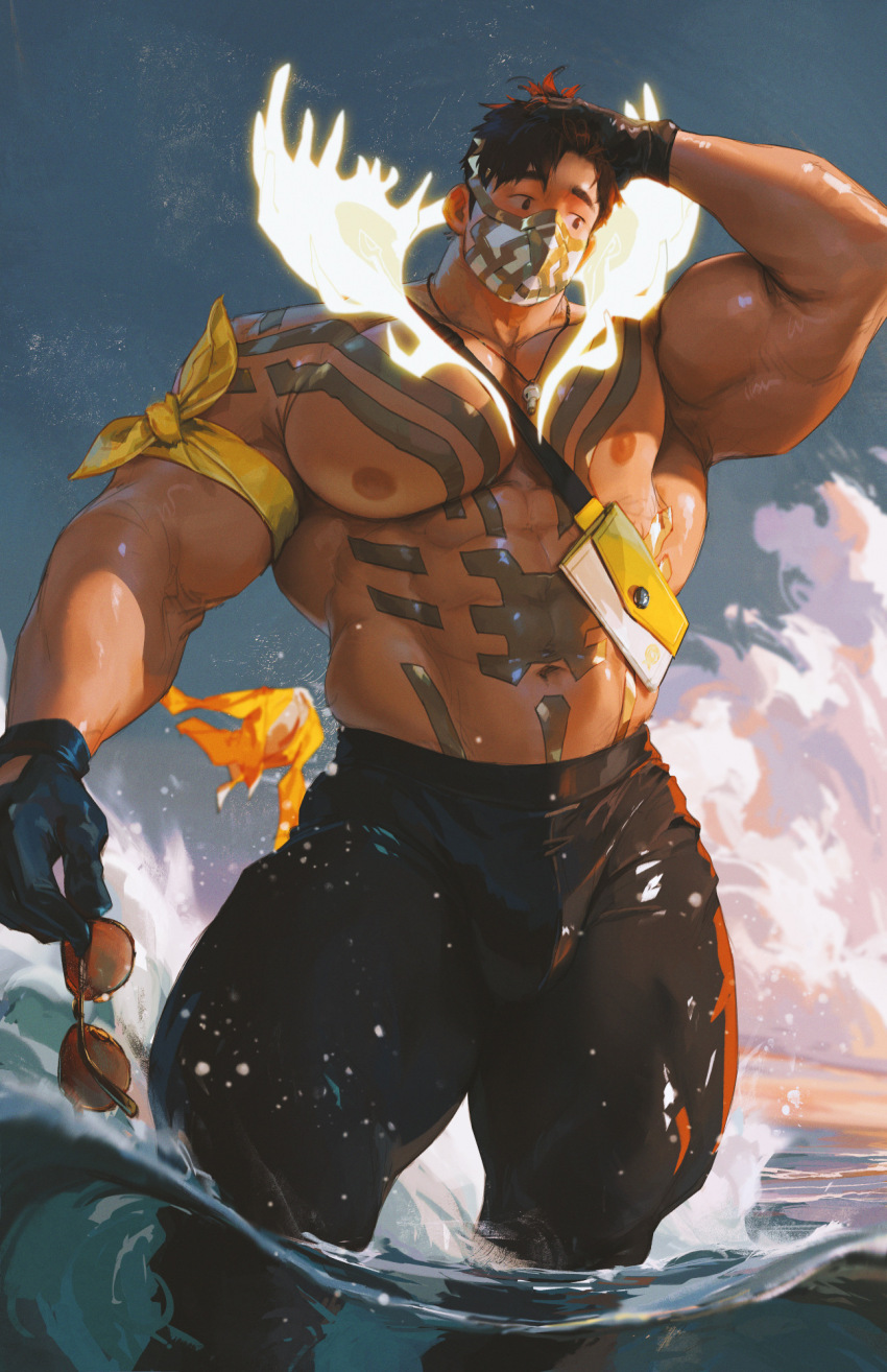 1boy, abs, antlers, armband, bara, black_gloves, black_pants, bulge