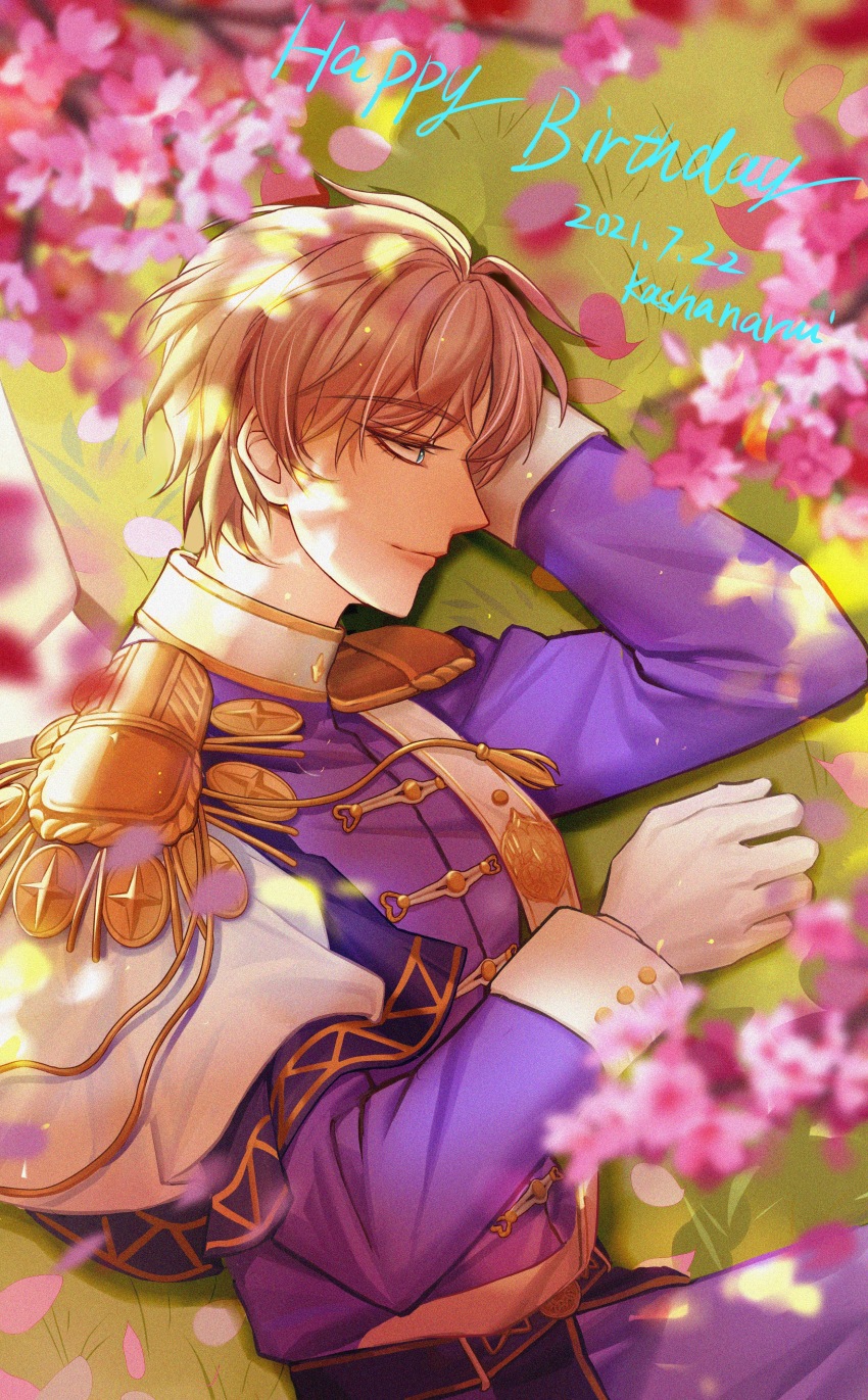 1boy, absurdres, albert_nomad, arm_support, blue_eyes, blue_jacket, brown_hair, cape, cherry_blossoms, closed_mouth, commentary, dated, epaulettes, falling_petals, from_side, gloves, grass, happy_birthday, head_on_hand, highres, jacket, laomengfen, long_sleeves, lying, male_focus, military_uniform, on_ground, on_side, outdoors, petals, profile, short_hair, side_cape, solo, the_throne_of_girl, upper_body, white_cape, white_gloves