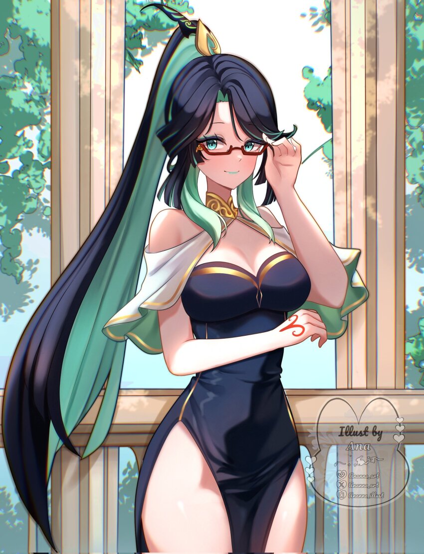 1girl, adjusting_eyewear, alternate_costume, ananna_art, arm_under_breasts, black_dress, black_hair, breasts, cleavage, colored_inner_hair, commentary, corrupted_twitter_file, day, dress, genshin_impact, glasses, green_eyes, green_hair, hand_up, hashtag-only_commentary, high_ponytail, highres, large_breasts, light_smile, long_hair, looking_at_viewer, multicolored_hair, outdoors, pelvic_curtain, ponytail, red-framed_eyewear, semi-rimless_eyewear, solo, very_long_hair, watermark, xianyun_(genshin_impact)