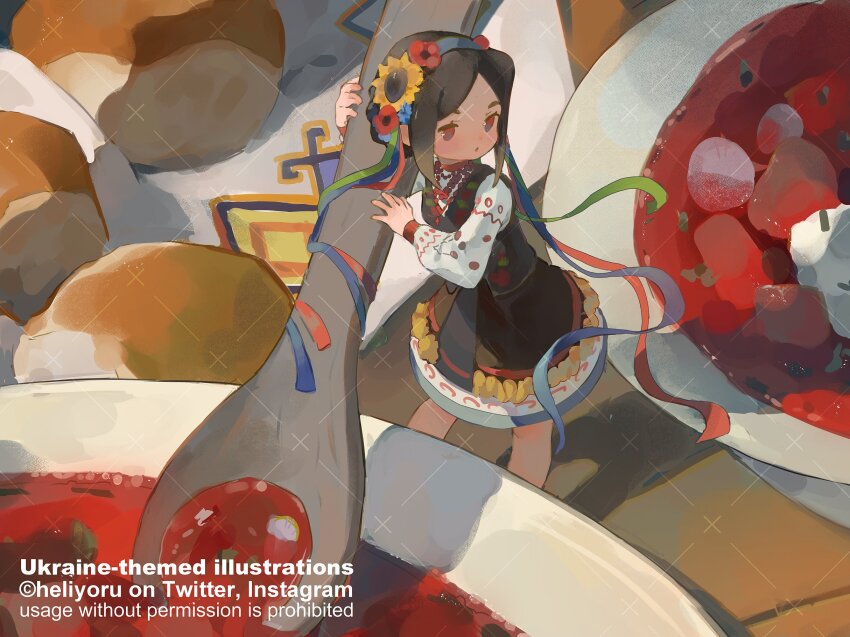 1girl, borscht_(food), bread, bread_bun, brown_hair, chibi, choker, deformed