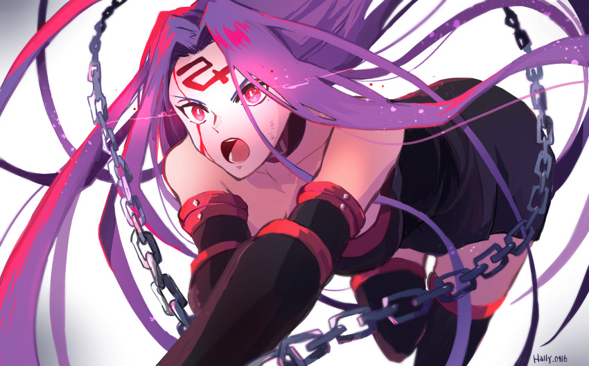 1girl, artist_name, attack, black_dress, black_gloves, black_thighhighs, blood, blood_on_face