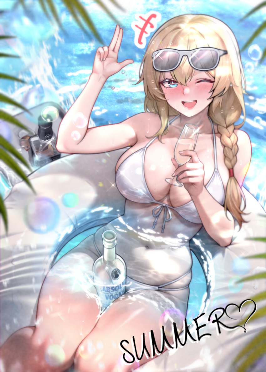 1girl, alcohol, alternate_costume, art_undertaker, bare_arms, bikini, blonde_hair, blue_eyes