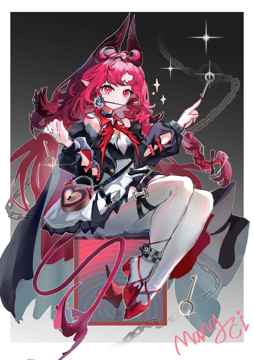 1girl, absurdres, arknights, arm_cutout, bare_shoulders, border, chain, chinese_commentary