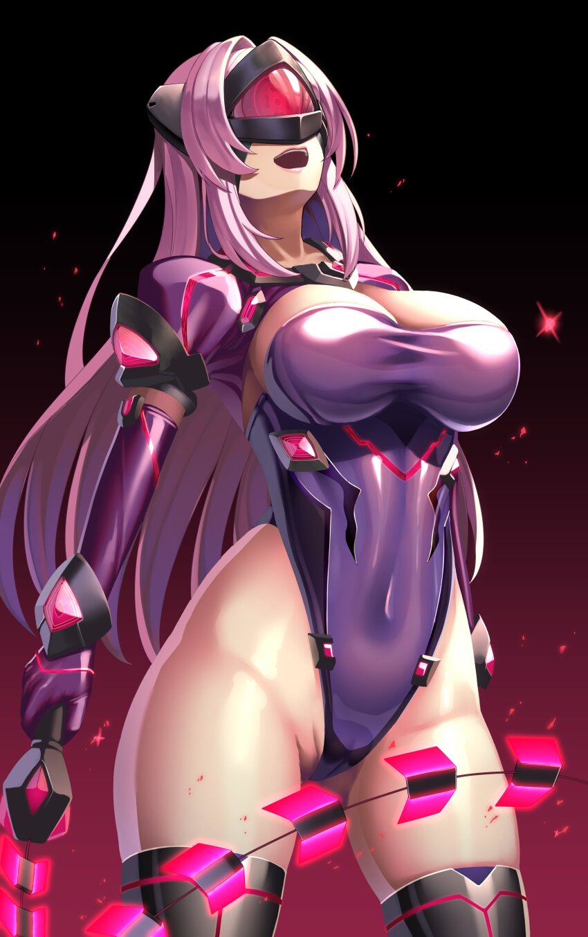 1girl, absurdres, android, black_background, black_thighhighs, breasts, cleavage, covered_eyes, covered_navel, cowboy_shot, elbow_gloves, exs-slave, exs-slave_alpha, gloves, gradient_background, hair_intakes, head-mounted_display, highleg, highleg_leotard, highres, holding, holding_sword, holding_weapon, katsuragi_marina, kouyoku_senki_exs-tia, large_breasts, leotard, long_hair, miyashiro_ryuutarou, open_mouth, pink_hair, purple_gloves, purple_hair, purple_leotard, shrug_(clothing), skin_tight, skindentation, smile, solo, standing, sword, teeth, thighhighs, thighs, upper_teeth_only, very_long_hair, weapon