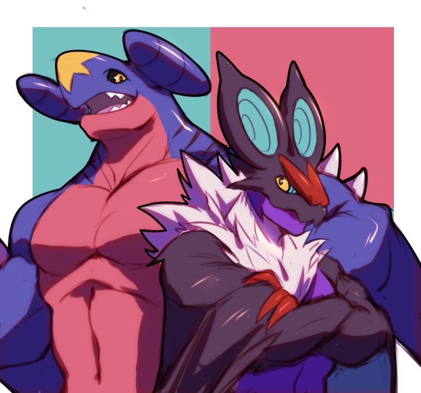 2boys, abs, animal_ears, bara, bat_boy, bat_ears, bat_wings, claws, closed_mouth, fangs, furry, furry_male, garchomp, gen_4_pokemon, gen_6_pokemon, hand_wings, looking_at_viewer, male_focus, multiple_boys, muscular, muscular_male, nintendo, noivern, open_mouth, orzero_(orzero_husky), pectorals, pokemon, pokemon_(creature), shark_boy, smile, topless_male, wings