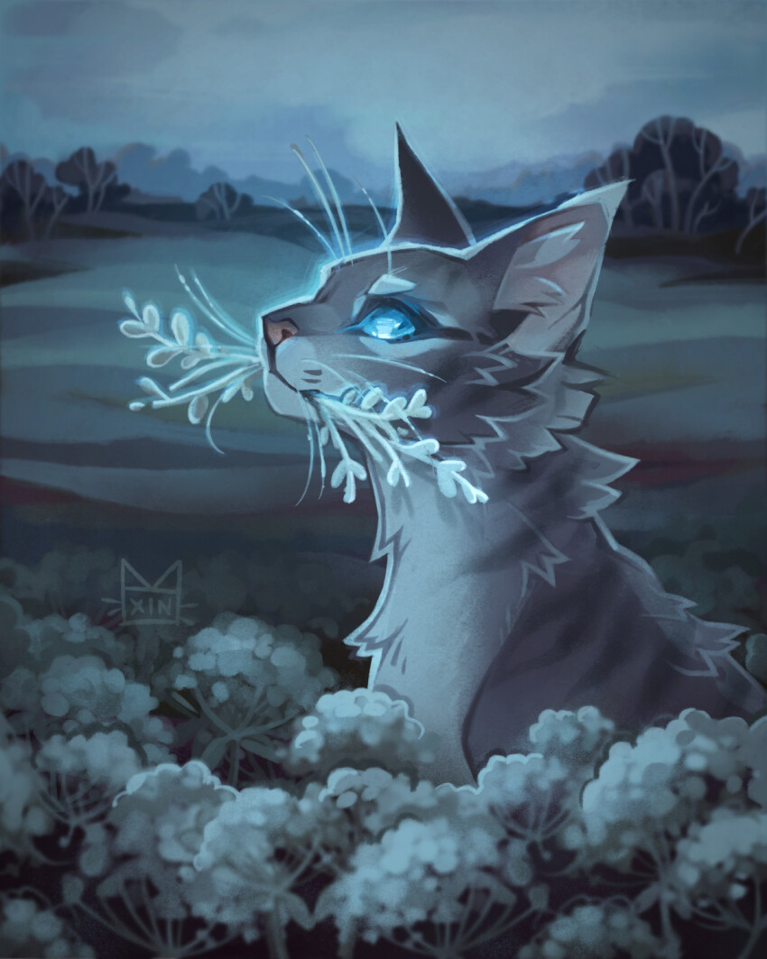 animal, animal_focus, blind, blue_eyes, cat, commentary, cool_colored, flower, from_side, glowing, glowing_eyes, grey_cat, highres, jayfeather, mouth_hold, no_humans, outdoors, painterly, power_of_three, profile, tree, warrior_cats, xintetsu