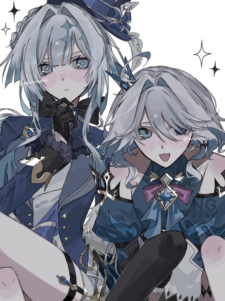 2girls, black_gloves, blue_dress, blue_eyes, blue_vest, blush, cerydra_(honkai:_star_rail), cerydra_(honkai:_star_rail)_(cosplay)