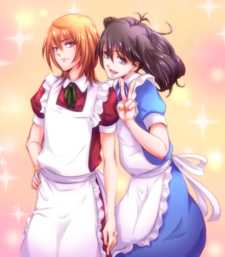 2boys, aizawa_kakeru, apron, area_no_kishi, blonde_hair, blue_dress, brown_hair, crossdressing