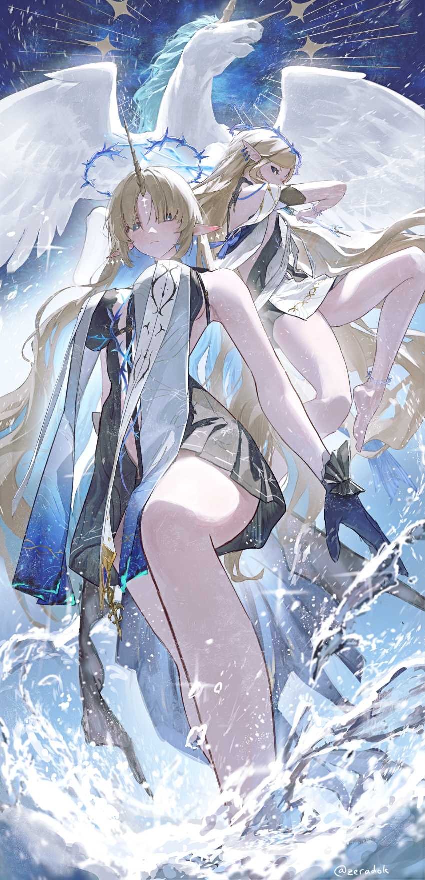 1girl, absurdres, angel_wings, anklet, black_collar, black_dress, blue_eyes, blue_hands