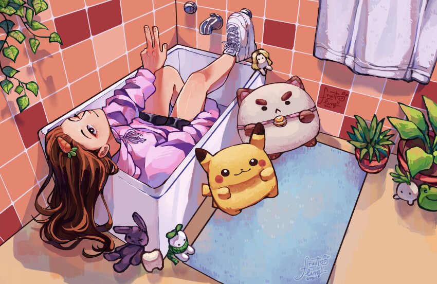 1girl, absurdres, arm_around_leg, bathroom, blue_carpet, brown_eyes, brown_hair, carrot_hair_ornament