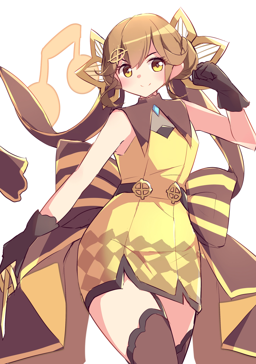 1girl, absurdres, bare_shoulders, beamed_eighth_notes, black_gloves, blush, braid, braided_bun, breasts, brown_hair, brown_thighhighs, closed_mouth, commentary_request, double_bun, dress, duel_monster, earrings, garter_straps, gloves, hair_between_eyes, hair_bun, hair_ornament, highres, holding, holding_instrument, instrument, jewelry, kanzakietc, long_hair, looking_at_viewer, medium_breasts, multiple_girls, musical_note, oversized_clothes, resolfachord_dreamia, sidelocks, smile, solo, standing, thighhighs, thighs, yellow_dress, yellow_eyes, yu-gi-oh!