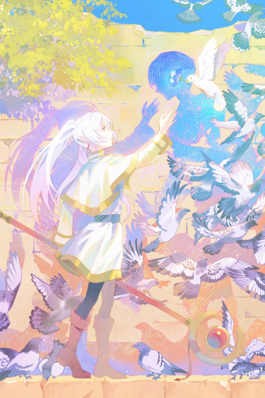 1boy, 1girl, abi_(no.129), absurdres, arm_at_side, belt, bird, black_belt, black_pantyhose, blue_flower, blue_sky, boots, brown_boots, capelet, commentary, day, dove, earrings, elf, english_commentary, expressionless, floating_earrings, flower, frieren, from_side, full_body, ghost, gold_trim, grey_bird, highres, himmel_(sousou_no_frieren), holding, holding_staff, jacket, jewelry, long_hair, looking_at_animal, mage_staff, open_clothes, open_jacket, outdoors, outstretched_arm, pantyhose, parted_lips, pigeon, pointy_ears, ruins, shadow, shirt, sidelocks, skirt, sky, sousou_no_frieren, staff, standing, stone_wall, striped_clothes, striped_shirt, sunlight, teardrop_earrings, tree, twintails, white_bird, white_capelet, white_hair, white_jacket, white_skirt