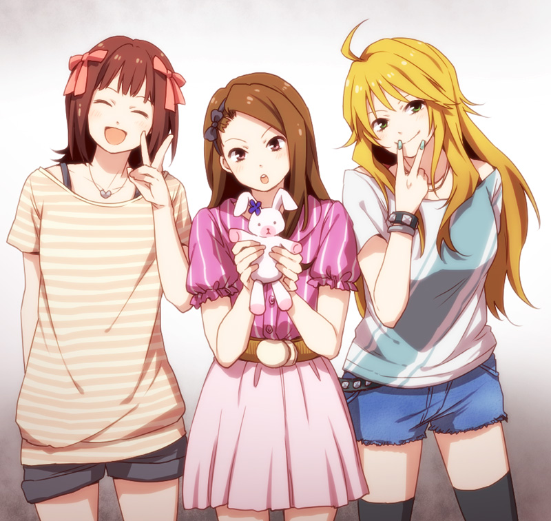 3girls, :d, :o, amami_haruka, aqua_nails, belt, blonde_hair, blush, bow, bracelet, brown_eyes, brown_hair, casual, closed_eyes, denim, denim_shorts, fingernails, green_eyes, hair_bow, hoshii_miki, idolmaster, idolmaster_(classic), jewelry, long_hair, looking_at_viewer, minase_iori, multiple_girls, nail_polish, necklace, nogoodlife, open_mouth, rabbit, shirt, short_hair, shorts, skirt, smile, striped_clothes, striped_shirt, stuffed_animal, stuffed_rabbit, stuffed_toy, thighhighs, v, vertical-striped_clothes, vertical-striped_shirt