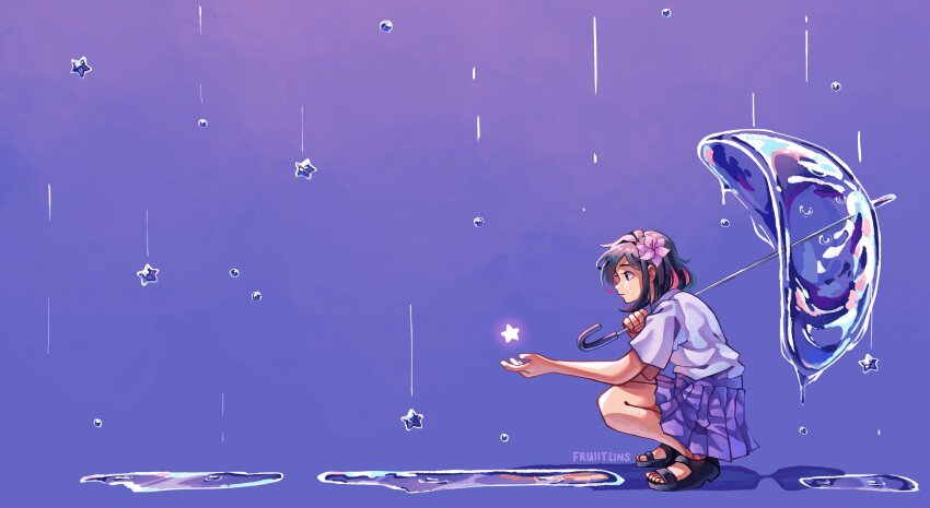 1girl, absurdres, brown_hair, falling_star, flower, from_side, fruiitlins, full_body