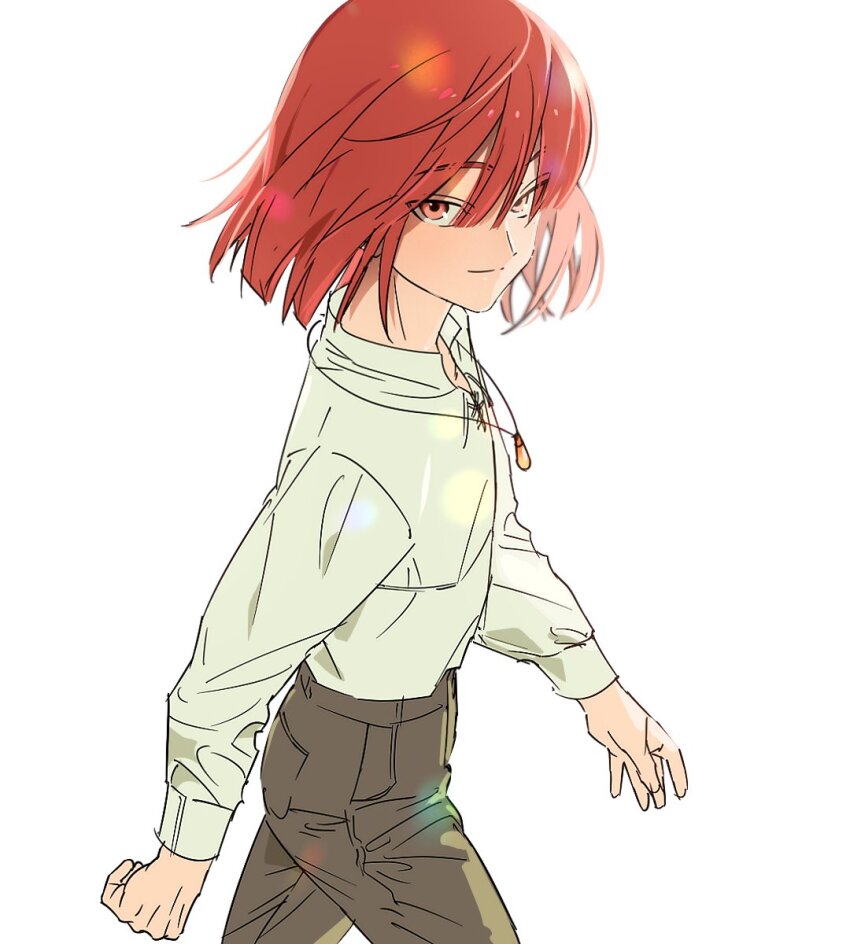 1boy, androgynous, blunt_bangs, blunt_ends, bob_cut, brown_pants, commentary, cowboy_shot