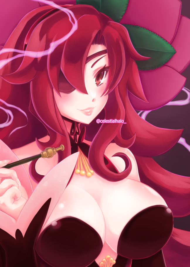 1girl, bare_shoulders, breasts, brown_eyes, choker, cleavage, detached_sleeves, eyepatch