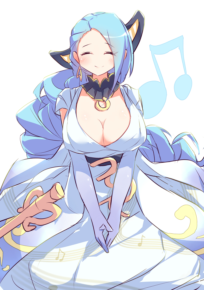 1girl, absurdres, blue_hair, blush, breasts, cleavage, closed_eyes, closed_mouth, commentary_request, dress, duel_monster, earrings, facing_viewer, heart, heart_earrings, highres, jewelry, kanzakietc, large_breasts, long_hair, musical_note, simple_background, smile, solo, tagme, tisolfachord_beautia, very_long_hair, white_background, white_dress, yu-gi-oh!