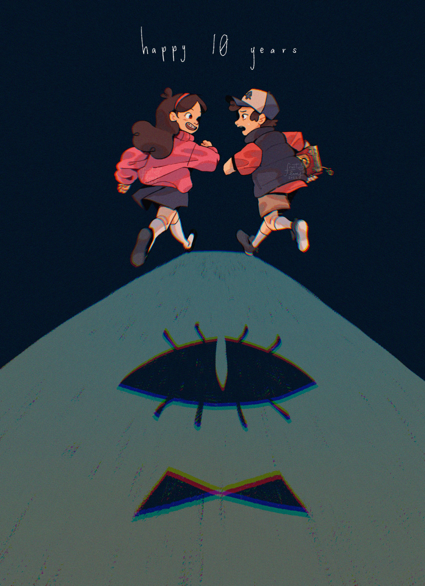 1boy, 1girl, 1other, :d, absurdres, baseball_cap, bill_cipher, blue_skirt