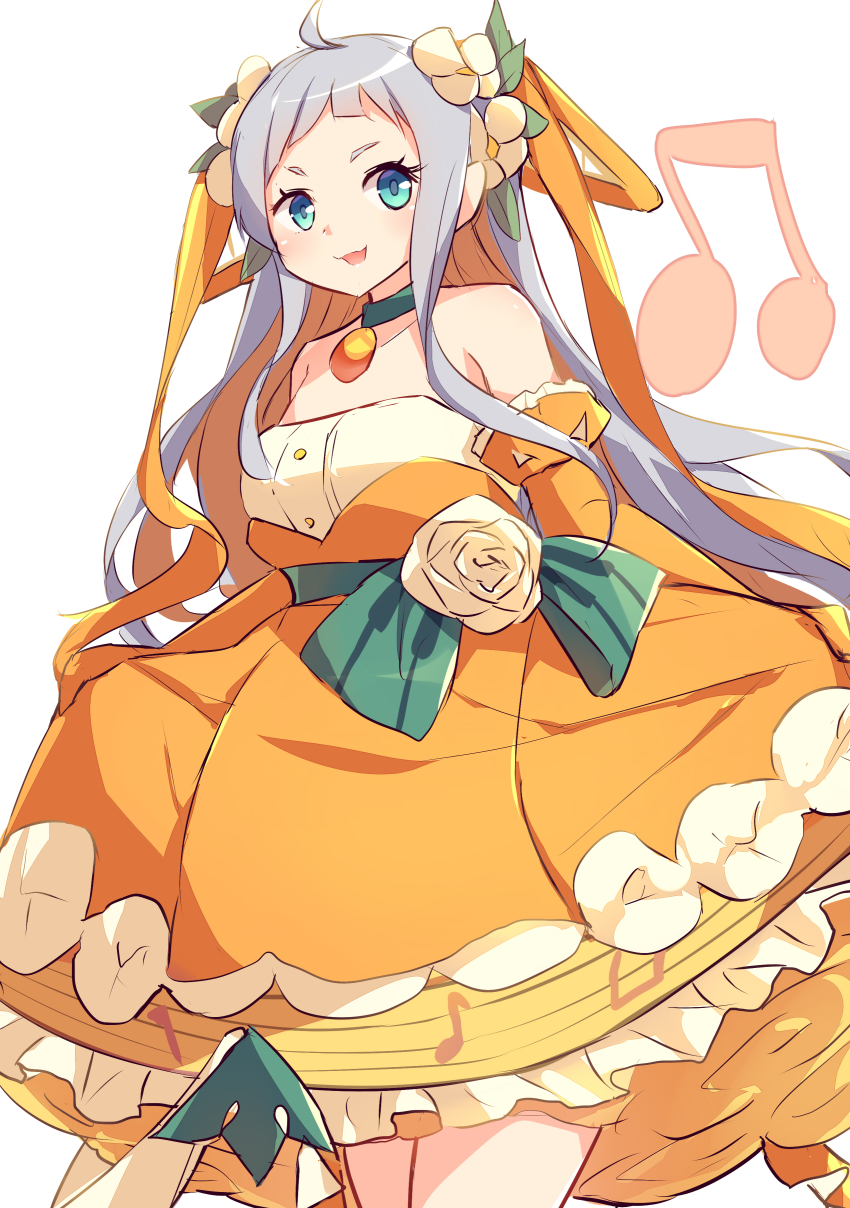 1girl, absurdres, ahoge, bare_shoulders, blush, breasts, choker, commentary_request, dress, duel_monster, elbow_gloves, flower, gloves, green_choker, green_eyes, grey_hair, hair_flower, hair_ornament, highres, holding, holding_instrument, instrument, kanzakietc, large_breasts, lasolfachord_angelia, long_hair, long_sleeves, looking_at_viewer, musical_staff, open_mouth, orange_dress, orange_gloves, sleeves_past_wrists, smile, solo, staff, yu-gi-oh!