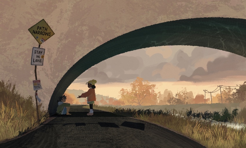 1boy, 1girl, absurdres, autumn, beanie, blurry, boots, cloud